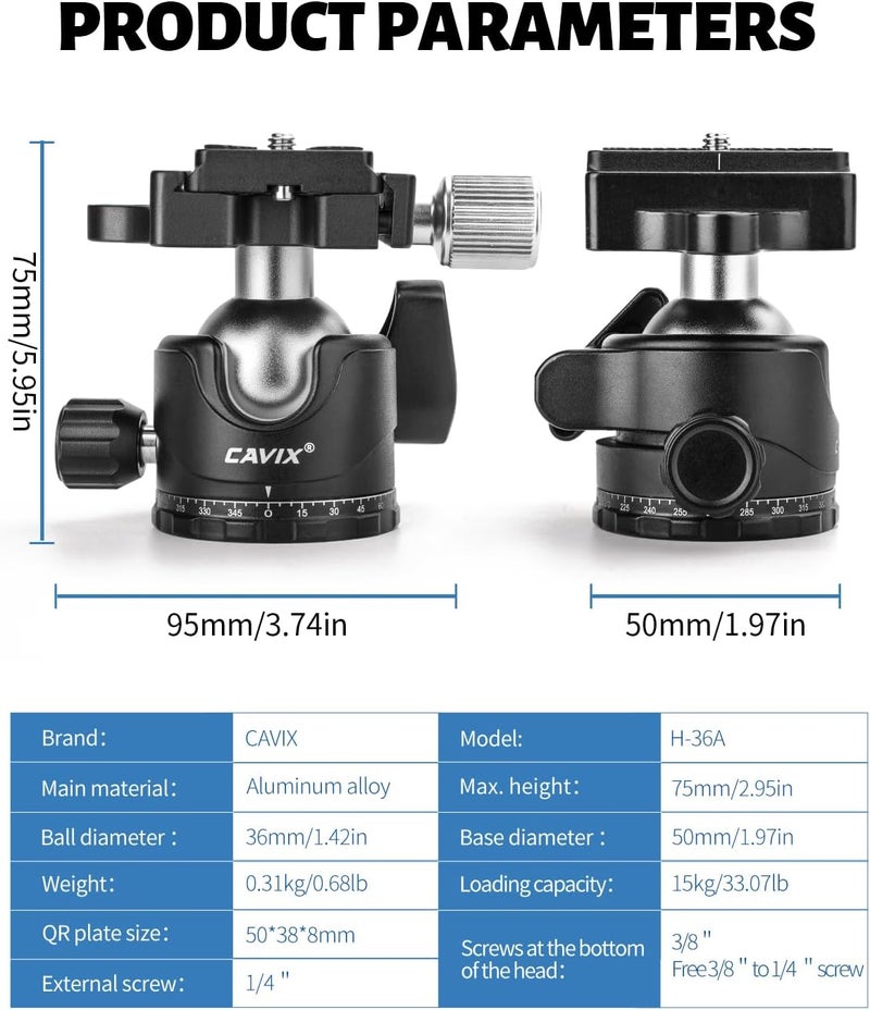 CAVIX Ball Head 360 Degree Rotating Panoramic Tripod Heads with Quick Release Plate Load Capacity 33lb/15kg - Image 3